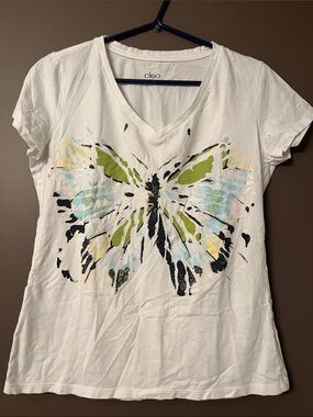 Cleo 100% cotton White V-Neck Butterfly Tee with Green, Aqua, black. MEDIUM